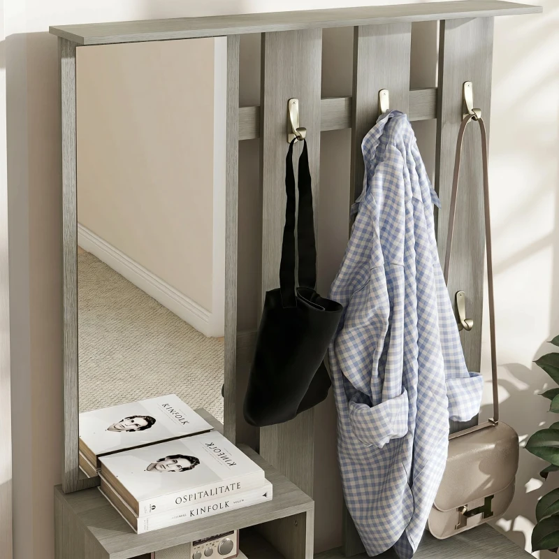 HOMCOM Set de mobilier pentru hol cu cuier, oglindă, bancă cu raft și dulap pentru 8 perechi de pantofi, gri(m-9)