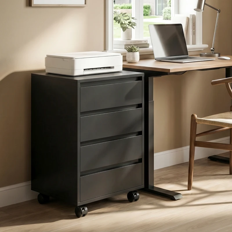 HOMCOM Four-Drawer Office Filing Cabinet, with Wheels - Black