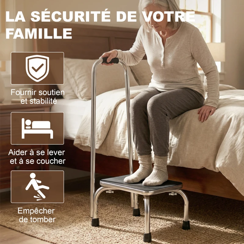 HOMCOM Marche avec Barre d'appui - marchepied de sécurité - Plateforme & Patins antidérapants - Acier galvanisé, gris et noir
