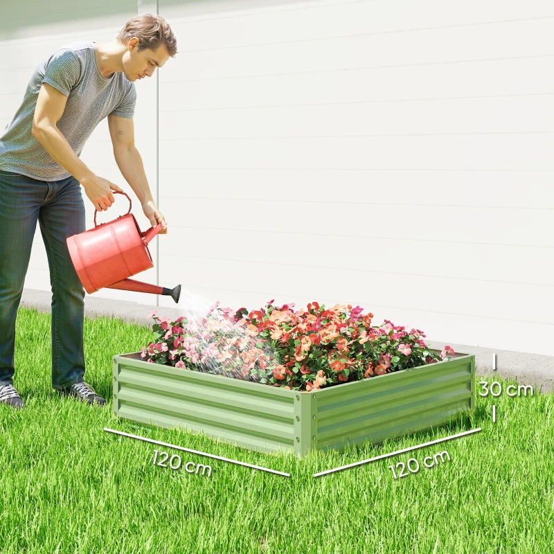 Outsunny Square Raised Garden Bed Box with Weatherized Steel Frame for Vegetables, Flowers, & Herbs, 120 x 120 x 30cm, Light Green