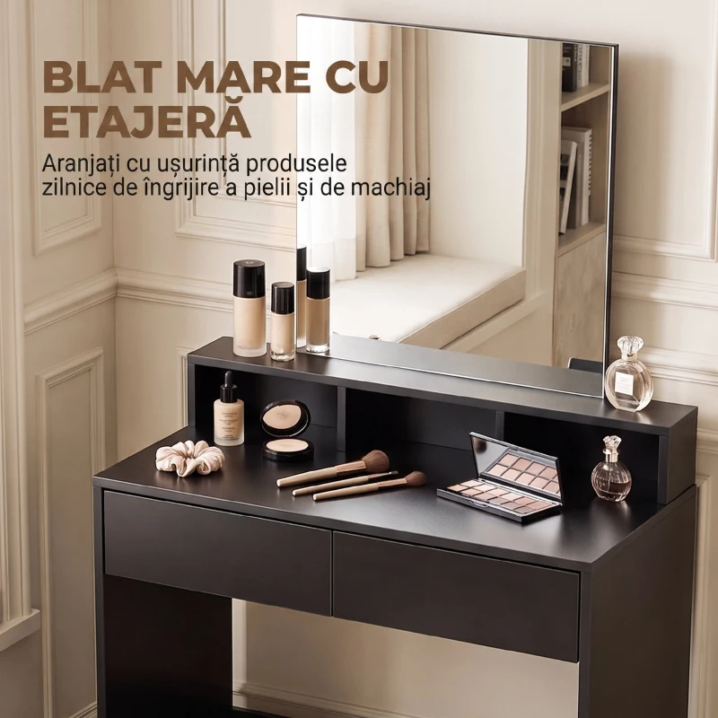 HOMCOM Masă de Toaletă cu Oglindă, 3 Rafturi, 2 Sertare, 75x38x135 cm, Negru