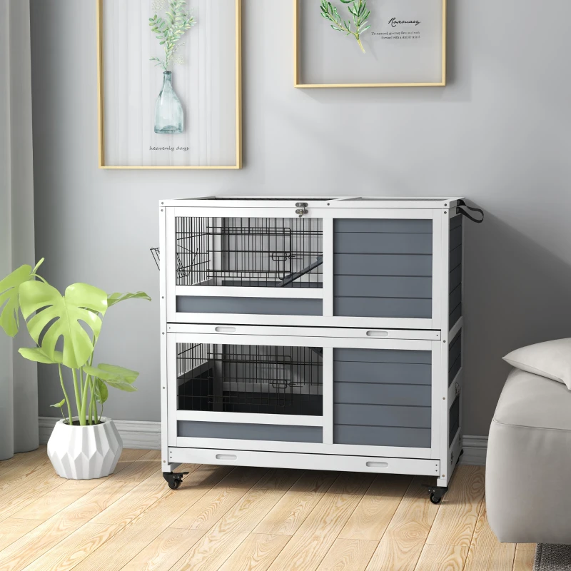 PawHut Clapier en bois d'intérieur sur roulettes 2 niveaux 2 plateaux coulissants, porte verrouillable 90L x 53l x 97H cm