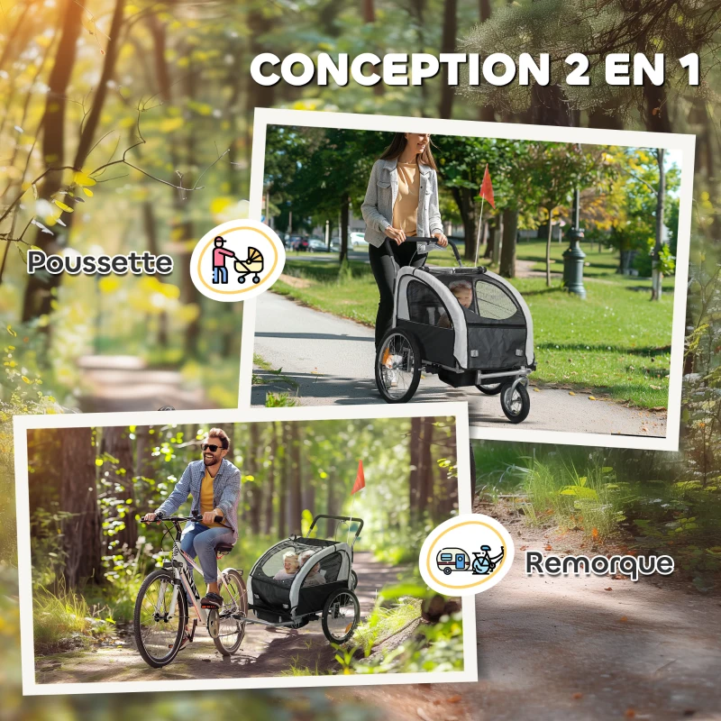 HOMCOM Remorque vélo enfant 2 en 1 avec ceinture de sécurité 5 points, réflecteurs, drapeau et rideau coupe-vent, noir