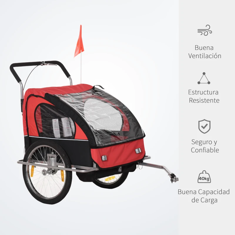 HOMCOM Remolque de Bicicleta para Niños de 2 Plazas con Amortiguadores para Correr con Barra y Kit de Footing 142x85x105cm Rojo