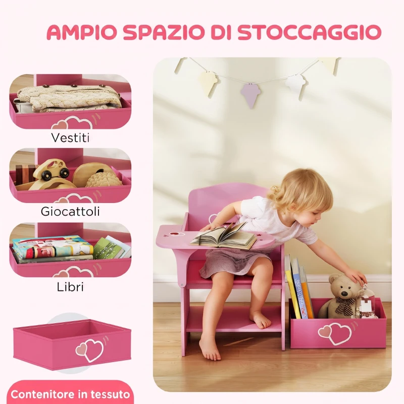 AIYAPLAY Set Tavolo e Sedia per Bambini 3-5 Anni in Legno MDF con Motivi a Cuore, Contenitore Integrato, Rosa