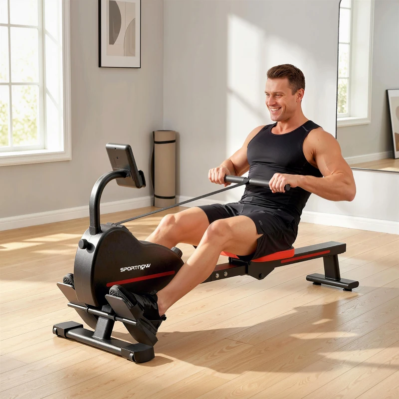SPORTNOW Rameur Magnétique Appareil de Musculation Bluetooth Connecté Kinomap & Zwift 16 Niveaux de Résistance 135x42x72cm Rouge