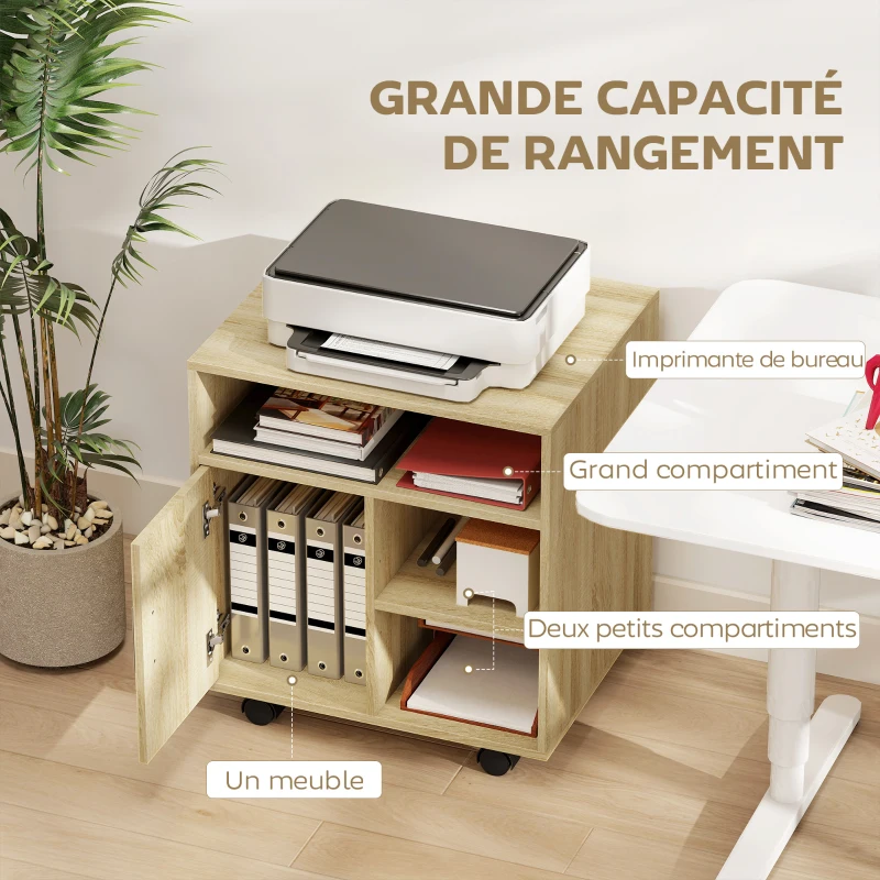 HOMCOM Support d'imprimante organiseur bureau caisson placard porte 3 niches + grand plateau panneaux particules bois naturel