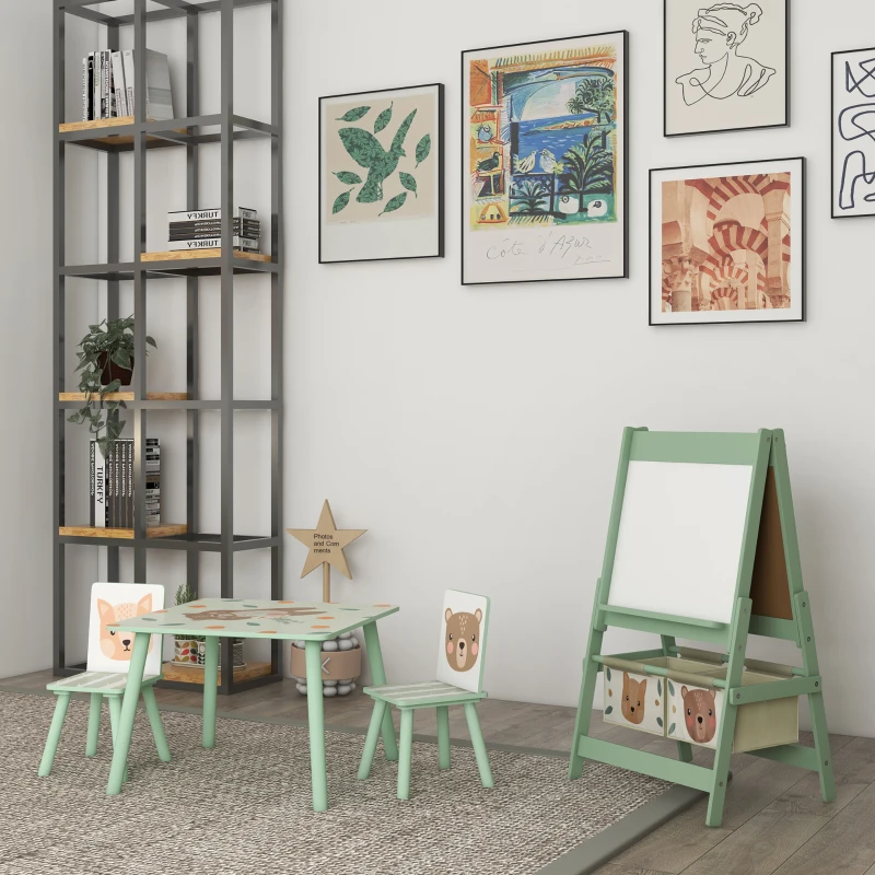 ZONEKIZ Kids Table and Chair Set and Kids Easel with Paper Roll, Storage Baskets, Kids Activity Furniture Set, Green