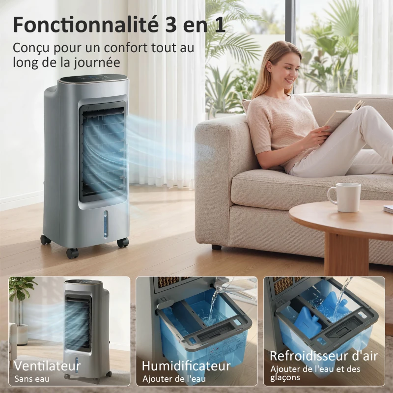 HOMCOM Refroidisseur d'air mobile 4 en 1 humidificateur purificateur ventilateur, oscillation 90°, 3 vitesses, 3 modes, gris