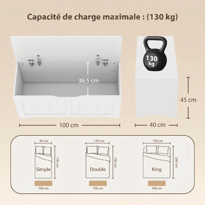 HOMCOM Coffre de Rangement 136 L, Banc Coffre avec 2 Charnières de Sécurité et Design Sans Poignée, 100 x 40 x 45 cm, Blanc