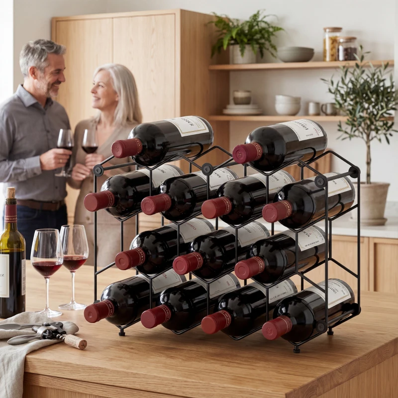 HOMCOM Weinregal für 13 Flaschen Flaschenregal mit Wabendesign Verstellbaren Füßen Kippschutz Metall 43 x 15,5 x 31 cm Schwarz