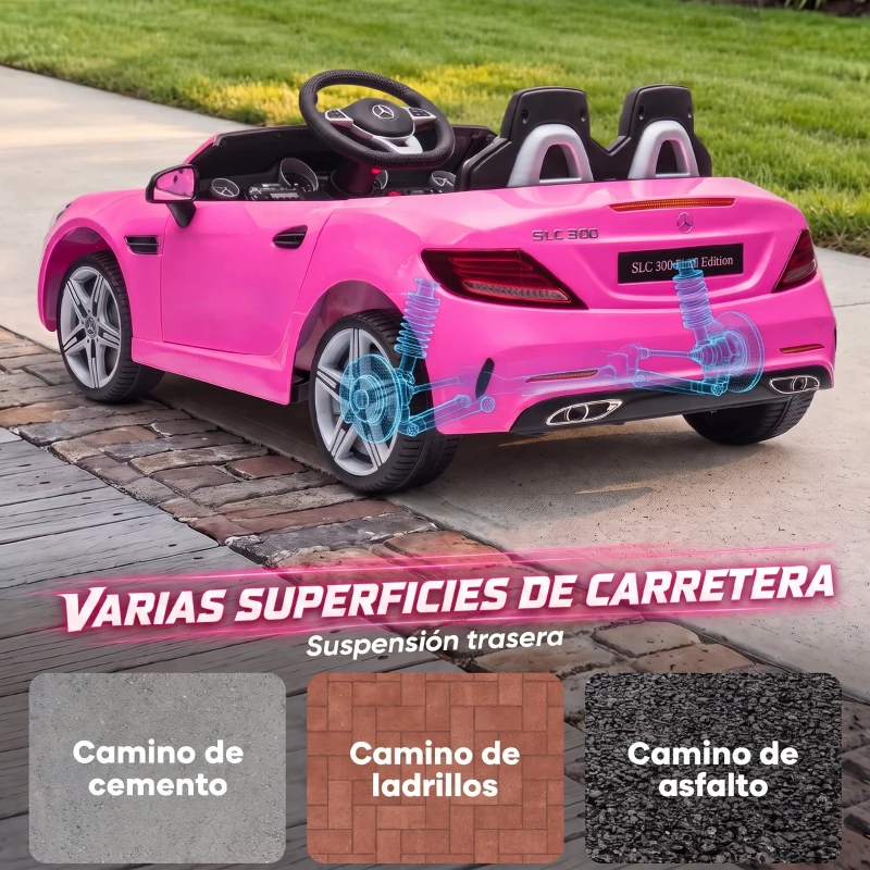 AIYAPLAY Coche Eléctrico para Niños de +3 Años, Mercedes SLC 300, Coche Eléctrico 12V, con Mando a Distancia 2,4 G, Ruedas Traseras con Suspensión, Faros LED, Música, USB, Motor Doble, Rosa