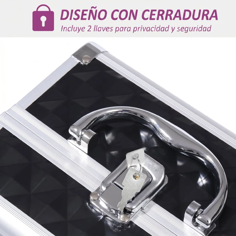 HOMCOM Maletín de Maquillaje Con Espejo Cerradura Varios Compartimientos 20x15x15cm Aluminio Negro