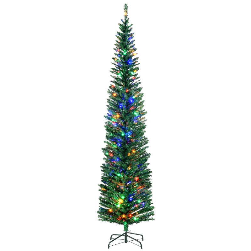 HOMCOM 7.5' Artificial Prelit Christmas Trees Holiday Décor with Colourful LED Lights, Pencil Shape, Steel Base