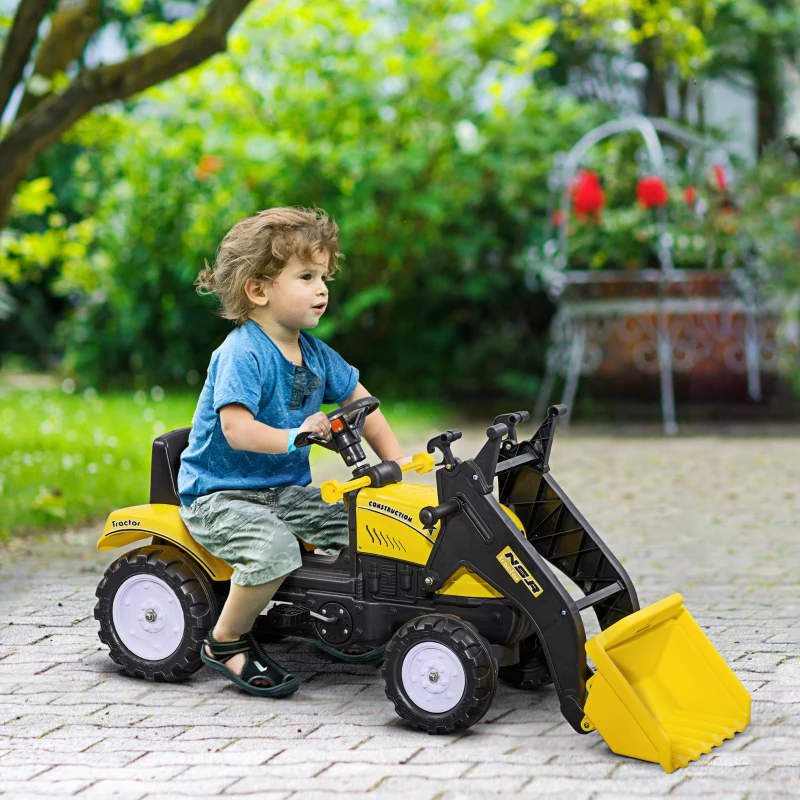 HOMCOM Kinder-Radlader, bewegliche Schaufel, Hupe, Pedalantrieb, ab 3 Jahren, Metallrahmen, gelb, 114 x 41 x 52 cm