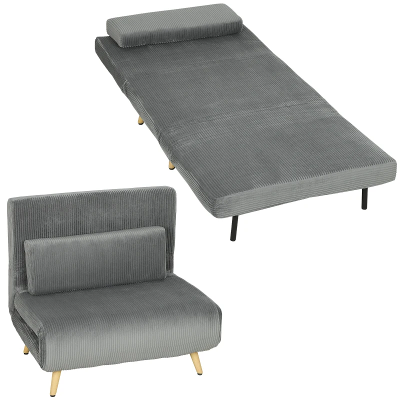HOMCOM Slaapfauteuil 3-in-1, uitschuifbare fauteuil in cord met slaapfunctie verstelbare rugleuning, kussen donkergrijs