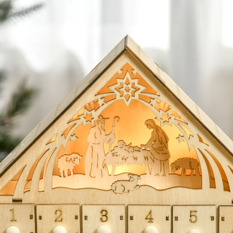 HOMCOM Calendrier de l'Avent à remplir en bois, décoration de Noël avec 24 tiroirs et 5 lumières LED, 26,6x6x30cm, bois naturel