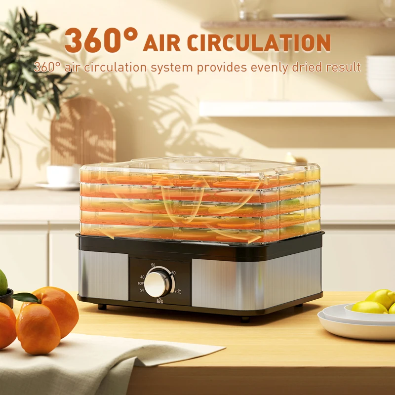 HOMCOM 5 Tier Food Dehydrator, 245W Stainless Steel Food Dryer Machine with Adjustable Temperature for Drying Fruit, Meat, Vegetable, Jerky and Pet Treat, Black