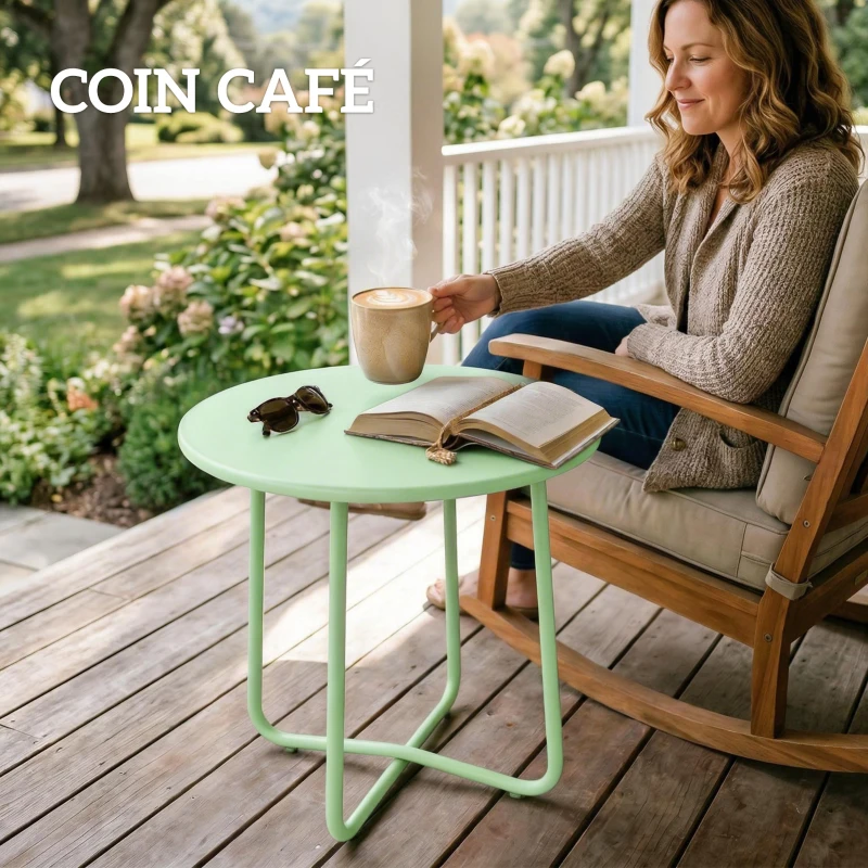 Outsunny Table Basse Extérieure avec Bord Enroulé, Base en X avec Pieds Réglables en Hauteur, pour Salon Terrasse, Ø48x51cm, Vert