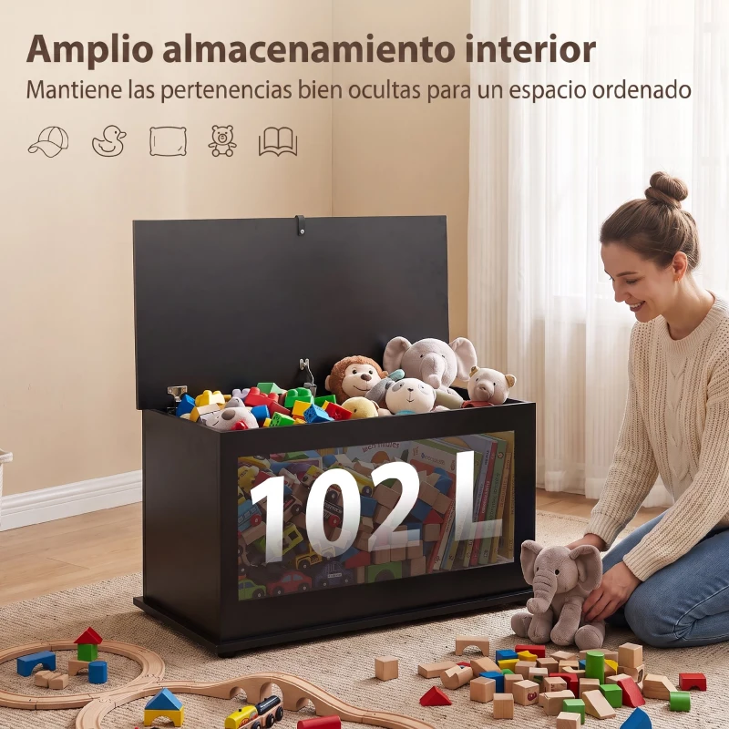 HOMCOM Baúl de Almacenaje 102L con Bisagra de Seguridad Estilo Moderno para Pasillo Dormitorio Salón 80x40x45 cm Negro
