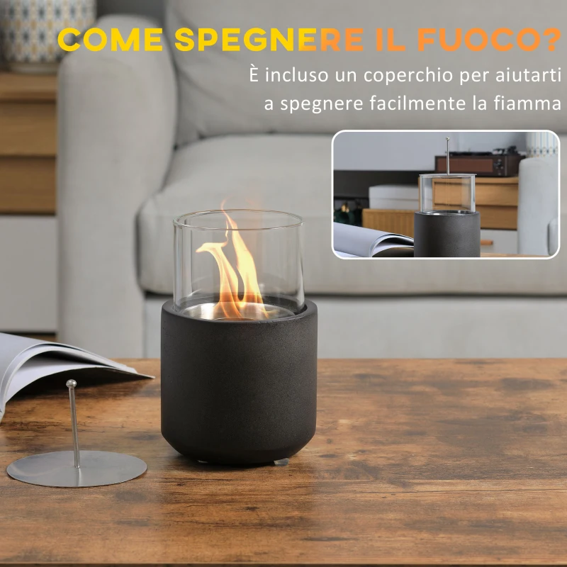HOMCOM Camino a Bioetanolo da Tavolo con Serbatoio da 0.4L, 12x12x19cm, Grigio Scuro
