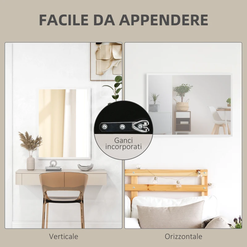 HOMCOM Specchio da Parete Rettangolare con Ganci, in Vetro e MDF, 60x80 cm, Bianco
