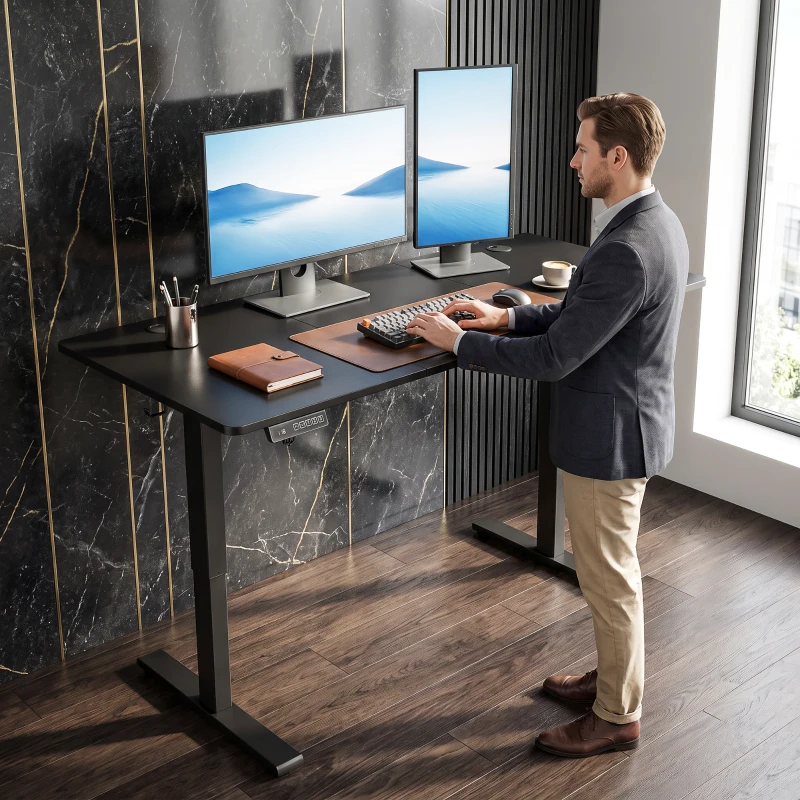HOMCOM Standing Desk Memory Control Height Adjustable Desk 2 Cable Holes LED Display Sit Stand Desk Black