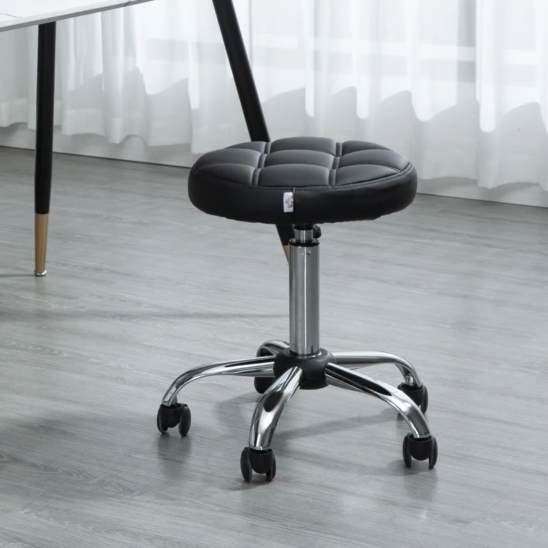 HOMCOM Sgabello Girevole Rotondo con Ruote, Altezza Regolabile e Rivestimento in Finta Pelle, Nero