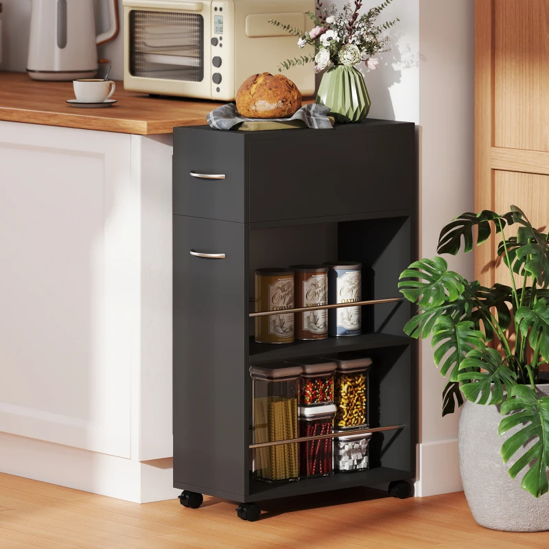 HOMCOM Carrello da Cucina con 2 Ripiani Aperti, Cassetto e Parapetti, Legno e Acciaio Inox, 25x50x85 cm, Nero