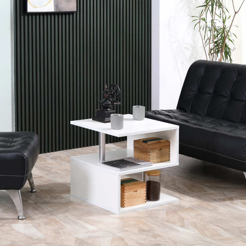 HOMCOM Mesita Auxiliar Mesa Auxiliar Pequeña Mesa para Sofá de Forma S con Compartimento Abierto Moderno 50x50x50 cm Blanco