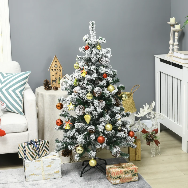 HOMCOM Sapin de Noël artificiel avec 28 pommes de pin 269 branches enneigées support en acier socle pliable hauteur 120 cm vert