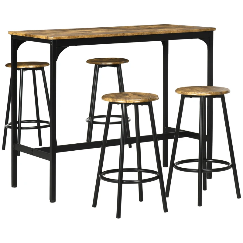HOMCOM Ensemble table haute et 4 tabourets avec Repose-Pieds, métal noir et aspect bois pour cuisine salle à manger