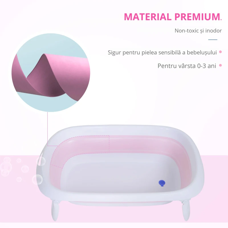 HOMCOM Cădiță de Baie Pliabilă pentru Nou-Născuți și Bebeluși, Antiderapantă, cu Dop de Evacuare a Apei, Design Ergonomic, Roz