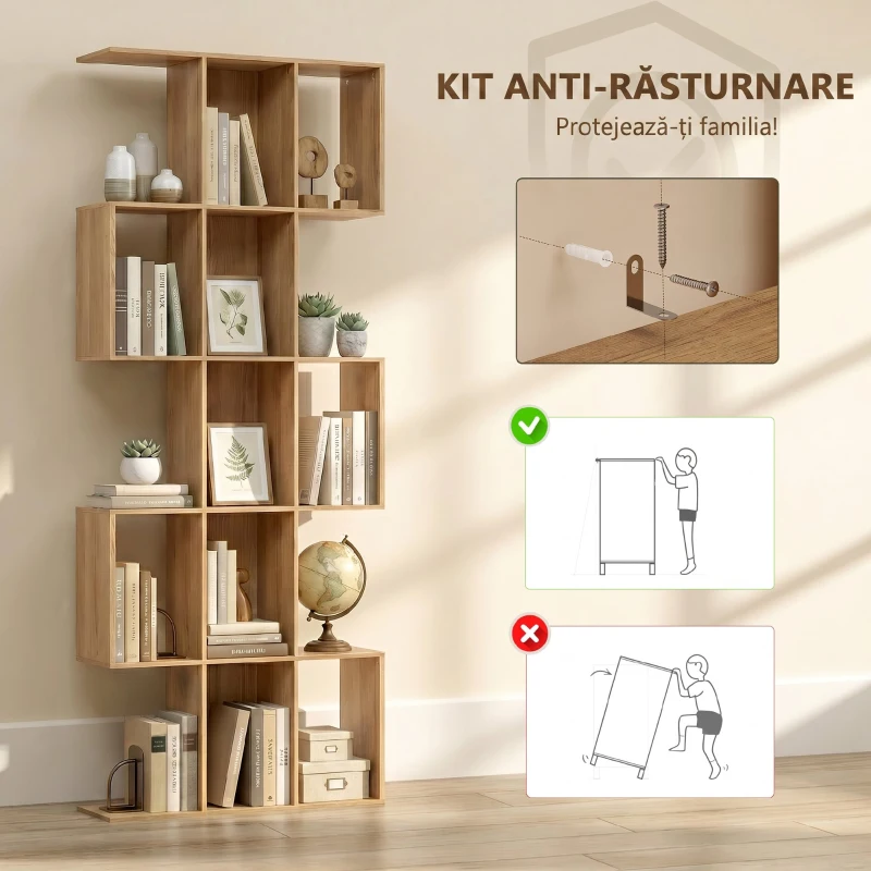 HOMCOM Bibliotecă cu 5 niveluri, verticală, design geometric cu 15 compartimente, modernă, compactă, pentru casă, birou, living, dormitor, 80 x 24 x 200cm, stejar