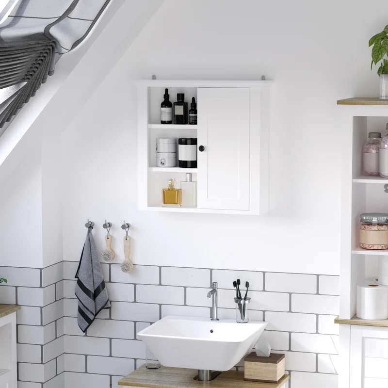 HOMCOM Armadietto 3 Ripiani Anta Design Moderno Salvaspazio da Parete Bagno e Cucina Legno 53x14,5x50.5cm Bianco