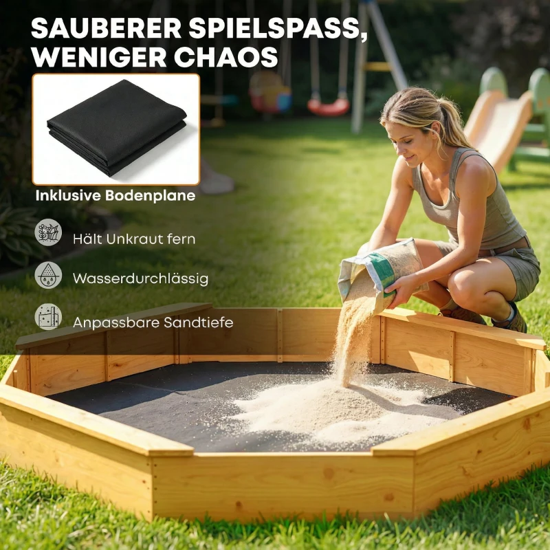 AIYAPLAY Sandkasten mit Dach 4 Sitzbänken Bodenplane für 8 Kinder von 3-8 Jahren für Outdoor Garten Holz 214,5 x 214,5 cm Gelb