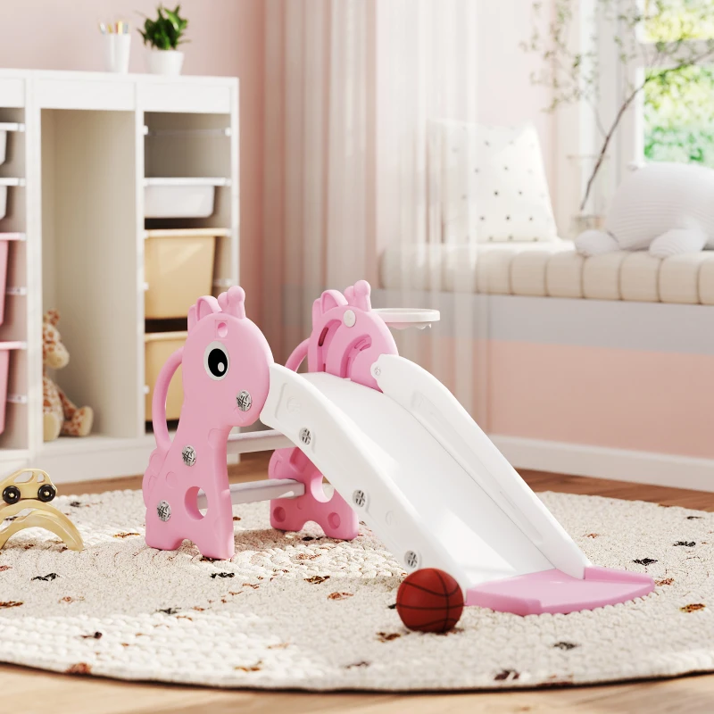 AIYAPLAY 3 in 1 Kids Slide with Climber, Basketball Hoop and Ball, Giraffe Shape Climber Slide for Indoor Kids Age 1-3, Pink