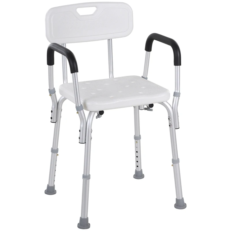 HOMCOM Silla para Ducha Taburete de Ducha Antideslizante con Altura Ajustable y Reposabrazos Regulable Carga 136 kg