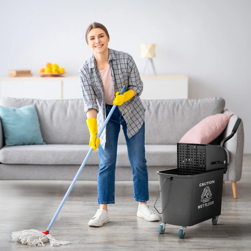 HOMCOM 20L Compact Mop Bucket on Wheels, with Water Separation Panel - Black