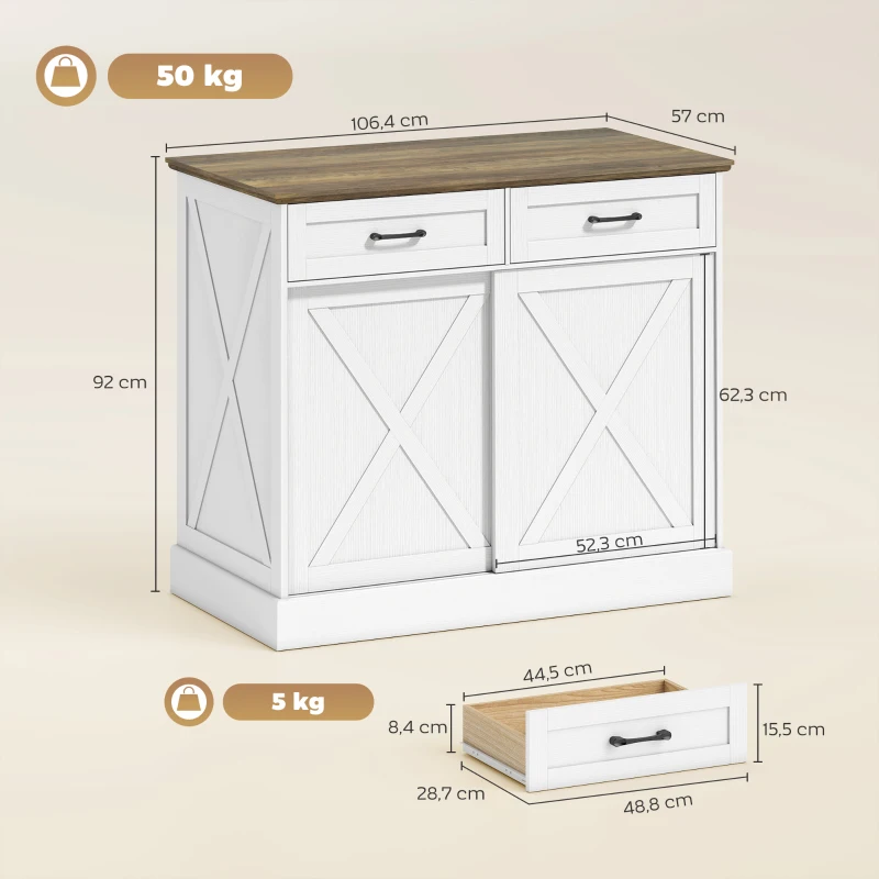 HOMCOM Îlot central cuisine, buffet cuisine, meuble de rangement avec 2 tiroirs 2 portes coulissantes, étagère réglable, blanc