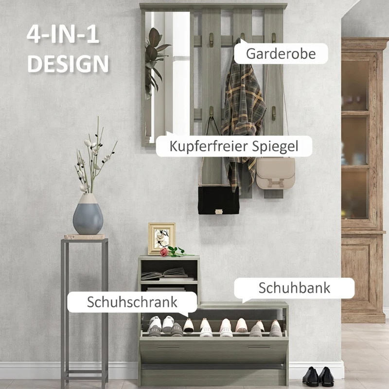 HOMCOM Set de mobilier pentru hol cu cuier, oglindă, bancă cu raft și dulap pentru 8 perechi de pantofi, gri(m-4)