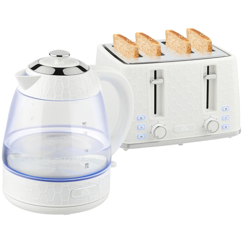 HOMCOM Kettle and Toaster Set, 1.7L 3000W Rapid Kettle with Strix Thermostat, 4 Slice Toaster with 7 Browning Controls, Cream