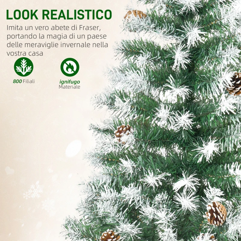 HOMCOM Albero di Natale Artificiale Innevato 180cm con 800 Rami e Pigne, Apertura Automatica e Base Pieghevole, Verde