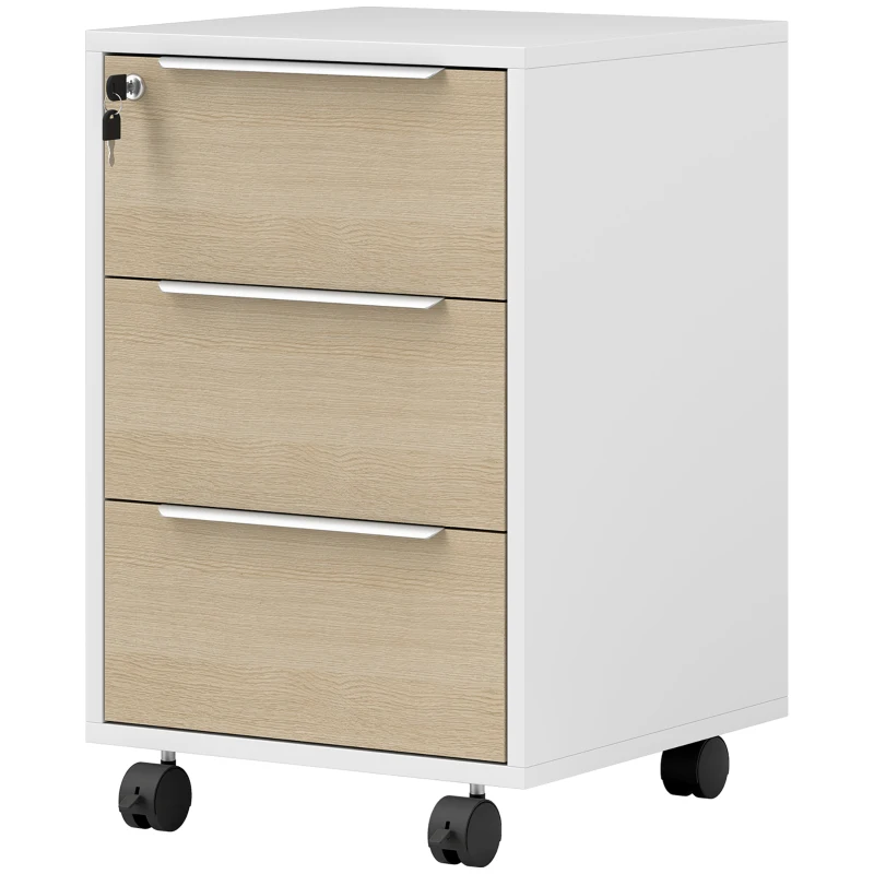 HOMCOM Schedario da Ufficio con 3 Cassetti, 4 Ruote, Cassettiera Ufficio con Serratura e 2 Chiavi, Bianco e Rovere