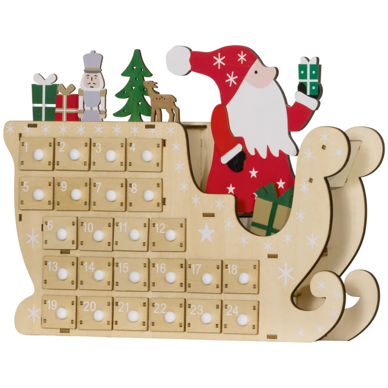 HOMCOM Calendario de Adviento de Madera con 24 Cajones Calendario de Navidad Reutilizable para Rellenar 22,5x8x36 cm Natural