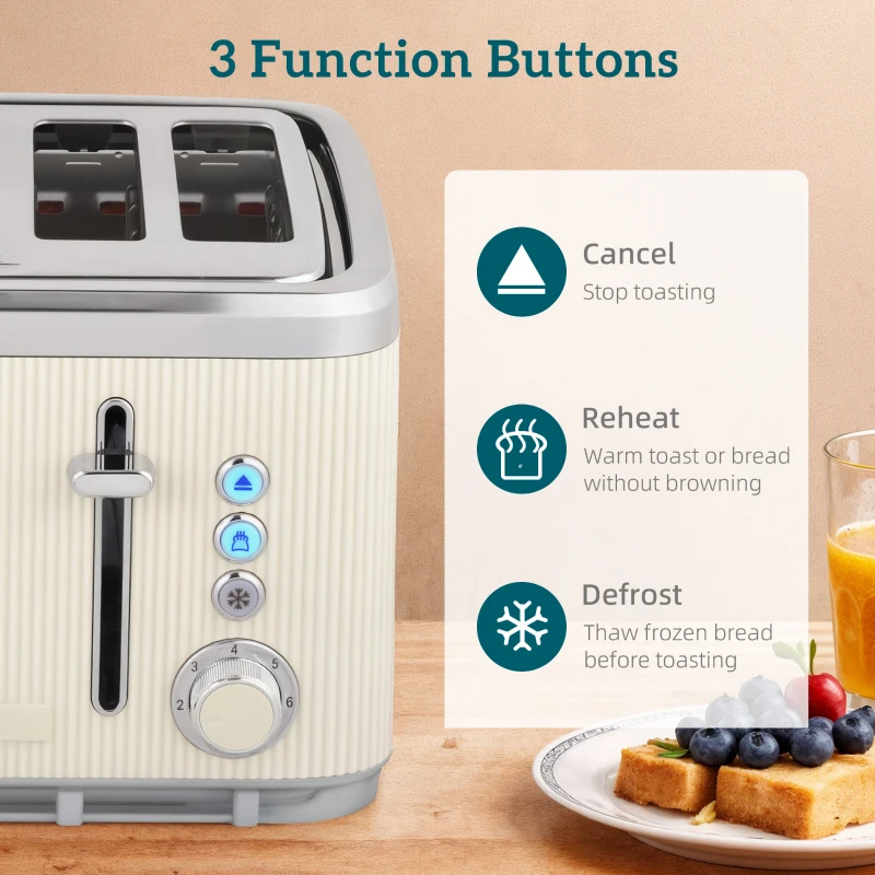 HOMCOM Electric Stainless Steel Kettle and Toaster Set, 3000W 1.7L UK Strix Thermostat Fast Boil Kettle w/ Limescale Filter, Cool Touch Body, 4 Slice Toaster with 7 Browning Levels, Cream White