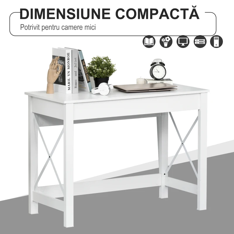 HOMCOM, Birou de Studiu, Stil Modern, MDF, Metal, 105x50x76 cm, Alb