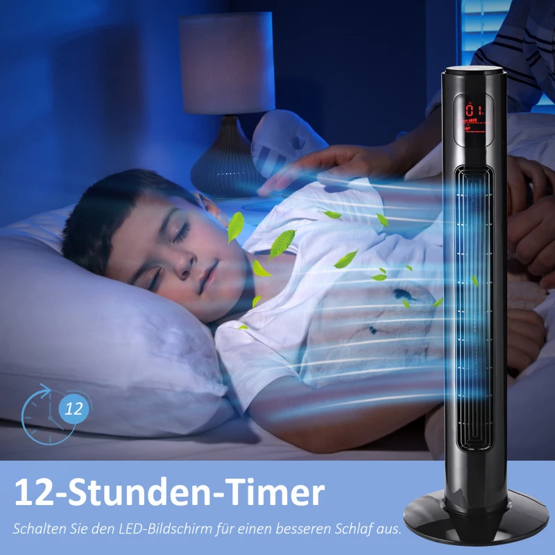 HOMCOM 70° oszillierender Turmventilator mit Fernbedienung 3 Modi 3 Geschwindigkeiten Timer 32 x 32 x 96 cm Schwarz
