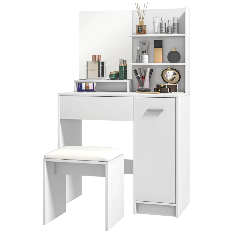 HOMCOM Dressing Table and Stool Set, with Storage - White