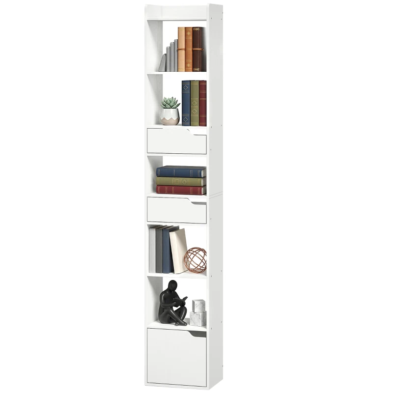 HOMCOM Bibliothèque étagère de rangement étroite, 32x24x181,5cm avec porte 2 tiroirs compartiments ouverts, blanc